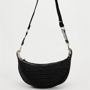 Chic black woven crescent shoulder bag with adjustable strap and golden metal zipper