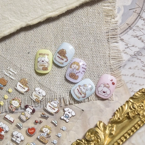 Detail of embossed dog family nail stickers with cute hand-drawn cartoon patterns
