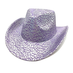 Detail of silver cowboy hat featuring vibrant purple cracked geometric line patterns
