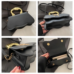 Detail shots of black wave handbag featuring a gold bow accent and sculptural metal handle