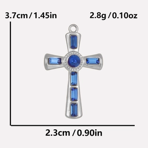 Detailed view of silver cross pendant with blue stones, including size and weight specs