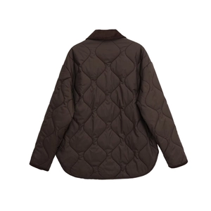 Deep brown quilted jacket for women with corduroy collar and stylish back view