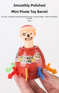 Detail of colorful plastic daggers and smooth, burr-free edges of pirate barrel toy