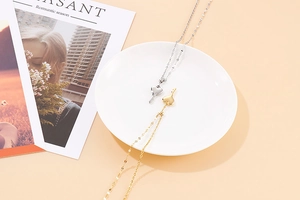 Detailed close-up of gold and silver heart-shaped key pendant necklaces on ceramic plate