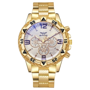 Orologio da uomo al quarzo dorato con grande quadrante bianco e tre sotto-quadranti in acciaio