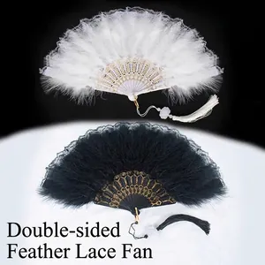 Éventail pliant élégant en dentelle et plumes noir et blanc avec pompon décoratif