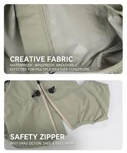 Detail of waterproof dog rain jacket fabric with safety zipper and anti-fur clamp design