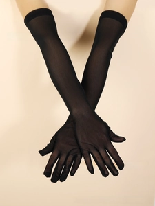 Detail of 55cm long black sheer mesh gloves for women with translucent stretch fabric