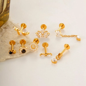 Titanium gold piercing jewelry set with zircon crystals for ear cartilage and lips