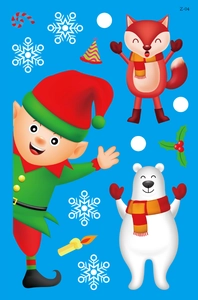 Detail of Christmas window stickers featuring elves, polar bears, and festive elements