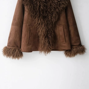 Women's dark brown faux suede jacket with plush faux fur collar and warm winter lining