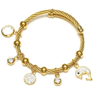 Dolphin Charm Stainless Steel Bracelet For Women 18K Gold Plated Wire Cable Bangle With Rhinestone Crystal Jewelry