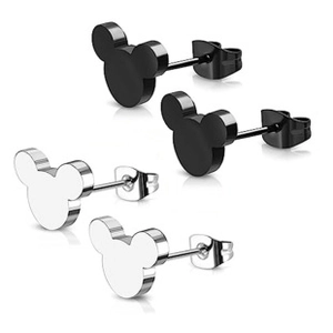 Macro shot of stainless steel mouse-shaped stud earrings in black and silver finishes