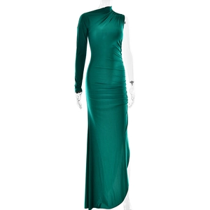 Detailed view of green one-shoulder maxi dress with side ruching and sleek fabric texture