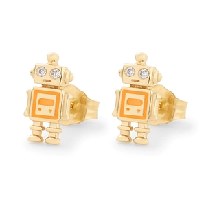 Detailed close-up of golden robot stud earrings with orange enamel and crystal eyes