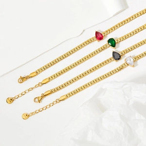 Gold stainless steel snake chain bracelets with colorful teardrop zircon pendants
