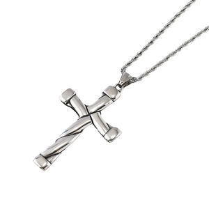 Polished silver stainless steel cross pendant necklace with a stylish twisted rope chain