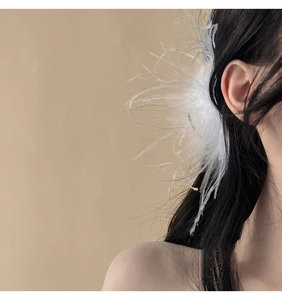 Close-up of white ostrich feather hair clip accessory on a model's dark hair