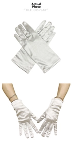 Detailed view of short white bridal satin gloves with silky glossy finish and wrist fit