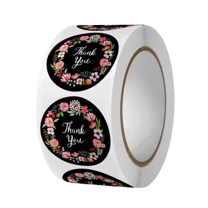 Floral Thank You Stickers Round Black Adhesive Seal Labels For Gift Packaging Wedding Party Bakery Envelope Decoration