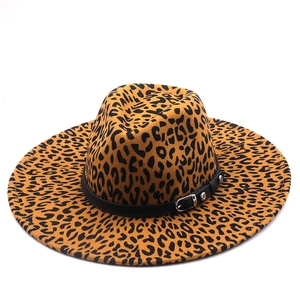 Classic leopard print wool fedora hat with a black leather band and silver metal buckle