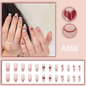 French ballet press-on nails set with red hearts and minimalist white star patterns