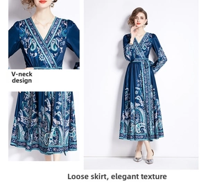 Detail of elegant V-neckline and paisley print on long-sleeved midi dress