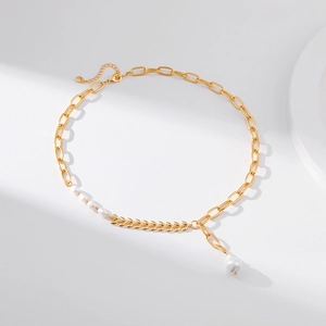 Vintage 18K gold plated necklace with wheat ear design and elegant white pearls