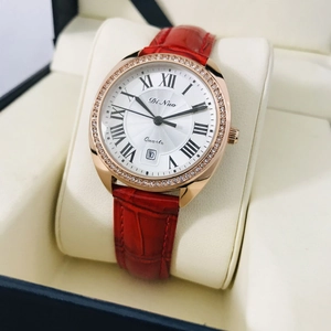 Montre À Quartz Pour Femme Bracelet En Cuir Véritable Lunette En Strass Affichage Date Étanche Chiffres Romains Mode Luxe