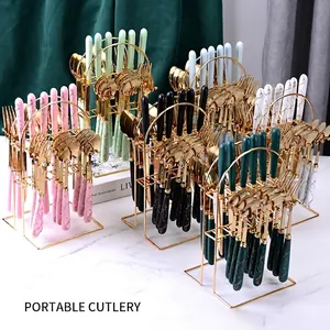 Golden Stainless Steel Cutlery Knife Fork And Spoon With Marble Texture Ceramic Handle Luxury Tableware For Home Restaurant