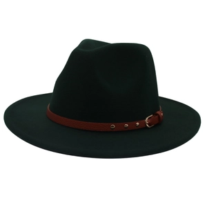Detail of dark green wool fedora featuring brown leather strap with gold rivets and buckle