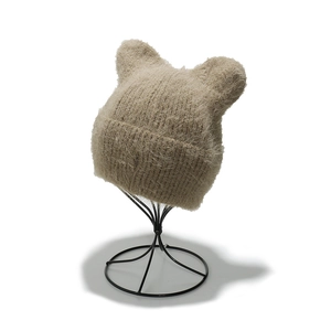 Cute cat ear knit beanie in beige plush faux mink fur with wide ribbed cuff