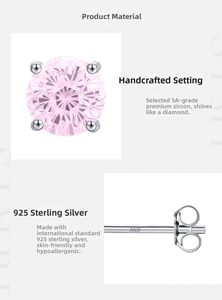 Macro detail of S925 sterling silver earring post and pink firework-cut zircon stone
