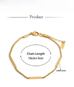 Detail view of 2mm gold stainless steel chain bracelet with 16cm plus 3cm extension
