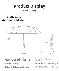 Detailed size chart of automatic 3-fold umbrella with windproof 8-rib frame dimensions