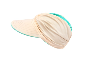 Detail of stitches on wide brim beige sun hat with green lining and elastic fabric