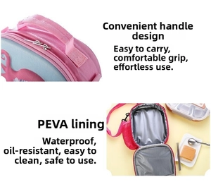 Detail showing thick portable handle and PEVA waterproof lining of the unicorn lunch bag