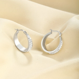 Minimalist Stainless Steel Double Row Rhinestone Hoop Earrings For Women Fashion Silver Round Geometric Earrings Jewelry