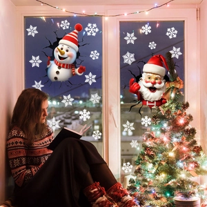 Cozy room scene with Santa Claus and snowman static window stickers for Christmas decor