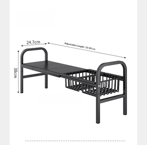 Detail of adjustable black metal under-sink rack with 53-88cm expandable length