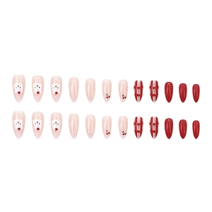 24pcs almond press-on nails featuring cherry, bear, and red plaid patterns for women