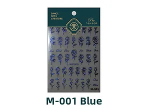 Detail view of M-001 adhesive nail art stickers with elegant blue rose designs