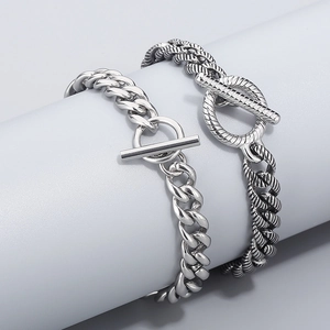 Polished stainless steel Cuban and twisted chain bracelet with toggle clasp and vintage stripes