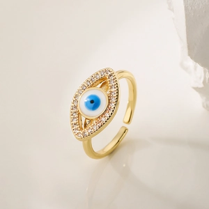 Fashion gold plated evil eye open ring with blue enamel and cubic zirconia stones