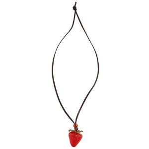 Fresh strawberry pendant necklace with red resin fruit and green leaves on brown cord