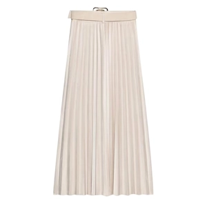 Gonna midi beige a pieghe a vita alta con cintura coordinata e fibbia ad anello d'oro