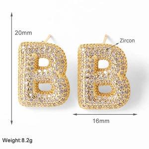 Detail view of gold letter B earring with zircon pave setting including dimensions 20mm and 16mm