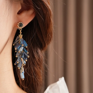Detail view of long tassel earrings with blue rectangular beads and golden accents
