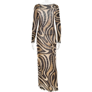 Slim fit long sleeve bodycon dress with transparent mesh and wavy print patterns