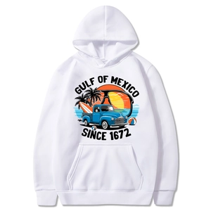 Men Hoodie Polyester Fleece Long Sleeve Kangaroo Pocket Gulf Of Mexico Vintage Beach Graphic Hooded Sweatshirt Casual